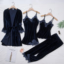 Conjunto de Pijama Feminino TOP Casual em Veludo, 4 Peças, Roupas de Casa, Lingerie Íntima, Manga Longa com Renda, Homewear Confortável