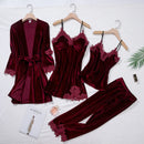 Conjunto de Pijama Feminino TOP Casual em Veludo, 4 Peças, Roupas de Casa, Lingerie Íntima, Manga Longa com Renda, Homewear Confortável