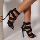 Sandálias Gladiadoras Femininas Sexy, Bico Aberto, Salto Super Alto, Pumps, Tiras Largas, Zíper Traseiro, Para Festa e Casamento, Cor Preta