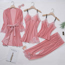 Conjunto de Pijama Feminino TOP Casual em Veludo, 4 Peças, Roupas de Casa, Lingerie Íntima, Manga Longa com Renda, Homewear Confortável