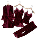 Conjunto de Pijama Feminino TOP Casual em Veludo, 4 Peças, Roupas de Casa, Lingerie Íntima, Manga Longa com Renda, Homewear Confortável