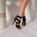 Sandálias Gladiadoras Femininas Sexy, Bico Aberto, Salto Super Alto, Pumps, Tiras Largas, Zíper Traseiro, Para Festa e Casamento, Cor Preta