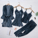 Conjunto de Pijama Feminino TOP Casual em Veludo, 4 Peças, Roupas de Casa, Lingerie Íntima, Manga Longa com Renda, Homewear Confortável