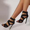 Sandálias Gladiadoras Femininas Sexy, Bico Aberto, Salto Super Alto, Pumps, Tiras Largas, Zíper Traseiro, Para Festa e Casamento, Cor Preta