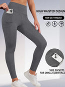 Leggings esportivas super macias com bolsos, femininas, cintura alta, ideais para treino, yoga, corrida, academia e fitness.