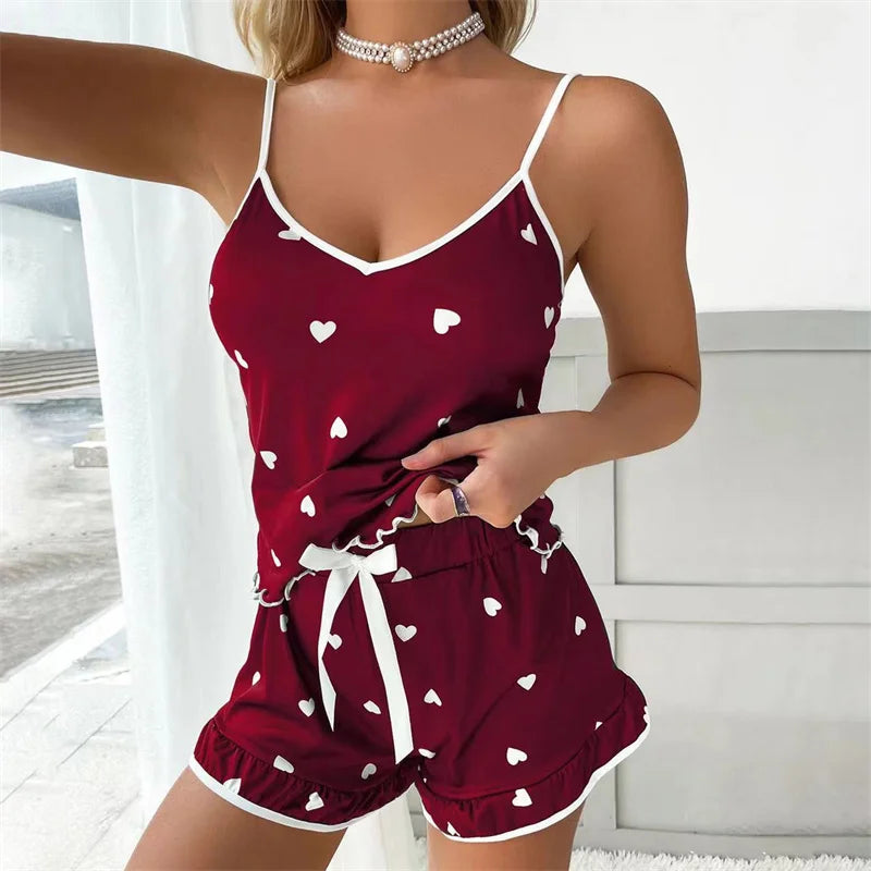 Conjunto de Pijama Feminino de Verão 2024, Tamanho Grande, Regata e Shorts com Alças, Confortável e Macio, Estilo Casual e Fofo, Estampado
