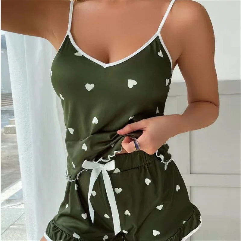 Conjunto de Pijama Feminino de Verão 2024, Tamanho Grande, Regata e Shorts com Alças, Confortável e Macio, Estilo Casual e Fofo, Estampado