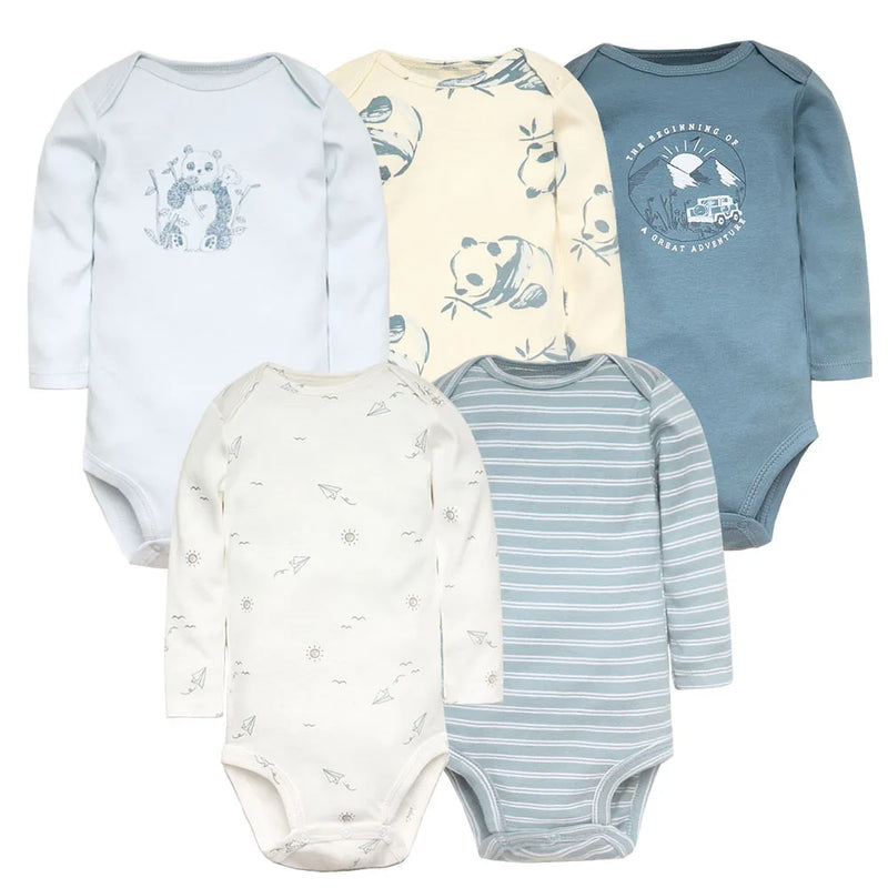 Conjunto com 5 Bodies de Bebê Menino, Roupas para Recém-Nascido, Também para Bebê Menina, 100% Algodão, Macios, com Estampas Novas de Desenhos Animados, Macacões Infantis