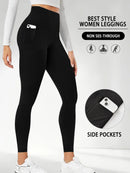 Leggings esportivas super macias com bolsos, femininas, cintura alta, ideais para treino, yoga, corrida, academia e fitness.