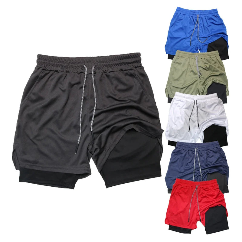 Bermuda Masculina de Fitness de Dupla Camada, 2 em 1, para Academia e Treino, Esportiva, Secagem Rápida, Ideal para Corrida e Exercícios, Modelo Duplo para Verão