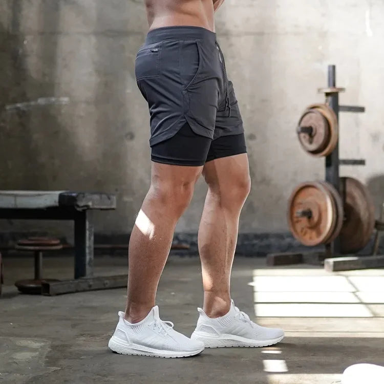 Bermuda Masculina de Fitness de Dupla Camada, 2 em 1, para Academia e Treino, Esportiva, Secagem Rápida, Ideal para Corrida e Exercícios, Modelo Duplo para Verão