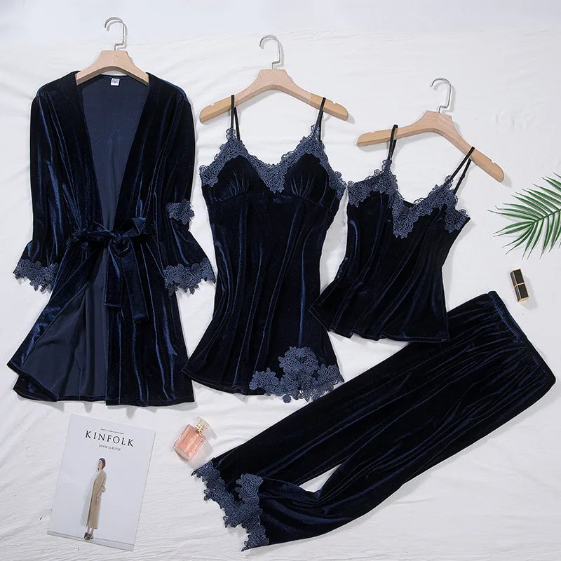 Conjunto de Pijama Feminino TOP Casual em Veludo, 4 Peças, Roupas de Casa, Lingerie Íntima, Manga Longa com Renda, Homewear Confortável