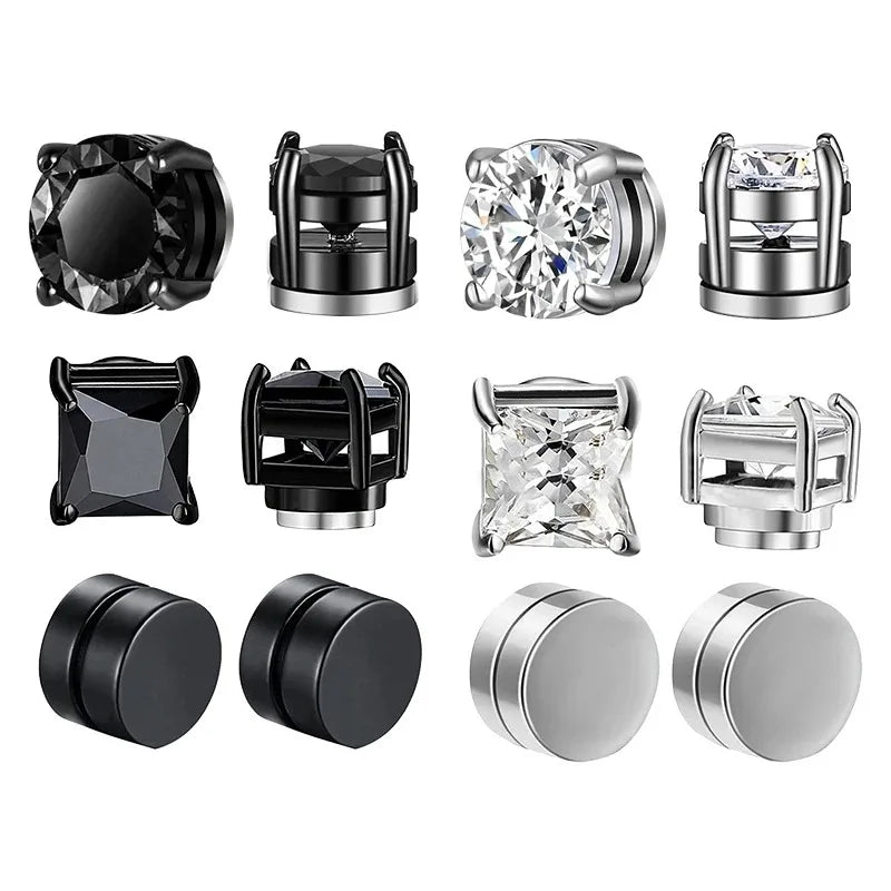 Conjunto com 6 Brincos de Clipe Magnéticos Fortes para Homens e Mulheres, Estilo Punk, Redondos com Zircônia, Sem Furo