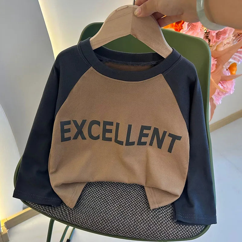 Camiseta de Manga Longa Infantil para Meninas e Meninos, Modelo Básico, com Estampa de Letras, Estilo Coreano, Roupas para Crianças