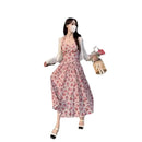 Vestido Feminino de Verão com Estampa Floral, Sem Mangas, Decote Halter, Estilo Casual de Rua, Saia Longa, Cintura Regular, Origem Chinesa