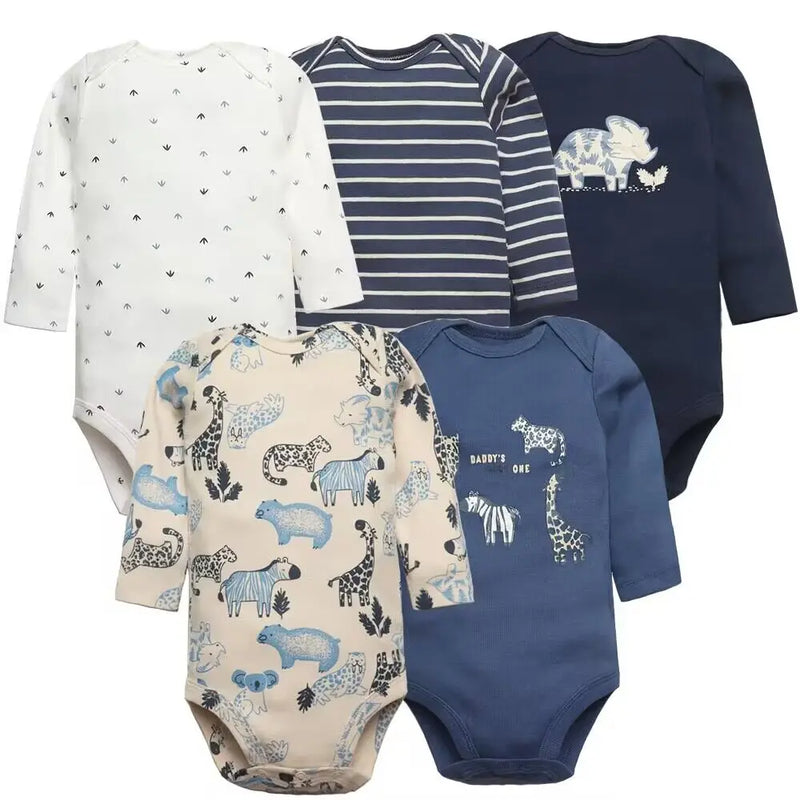 Conjunto com 5 Bodies de Bebê Menino, Roupas para Recém-Nascido, Também para Bebê Menina, 100% Algodão, Macios, com Estampas Novas de Desenhos Animados, Macacões Infantis