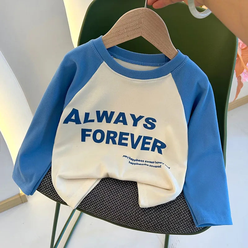 Camiseta de Manga Longa Infantil para Meninas e Meninos, Modelo Básico, com Estampa de Letras, Estilo Coreano, Roupas para Crianças
