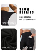 Leggings esportivas super macias com bolsos, femininas, cintura alta, ideais para treino, yoga, corrida, academia e fitness.