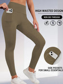 Leggings esportivas super macias com bolsos, femininas, cintura alta, ideais para treino, yoga, corrida, academia e fitness.