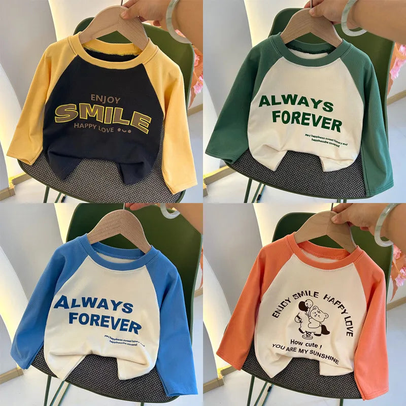 Camiseta de Manga Longa Infantil para Meninas e Meninos, Modelo Básico, com Estampa de Letras, Estilo Coreano, Roupas para Crianças