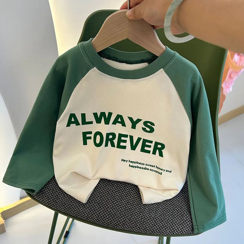 Camiseta de Manga Longa Infantil para Meninas e Meninos, Modelo Básico, com Estampa de Letras, Estilo Coreano, Roupas para Crianças