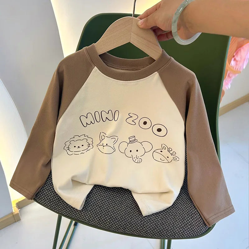 Camiseta de Manga Longa Infantil para Meninas e Meninos, Modelo Básico, com Estampa de Letras, Estilo Coreano, Roupas para Crianças