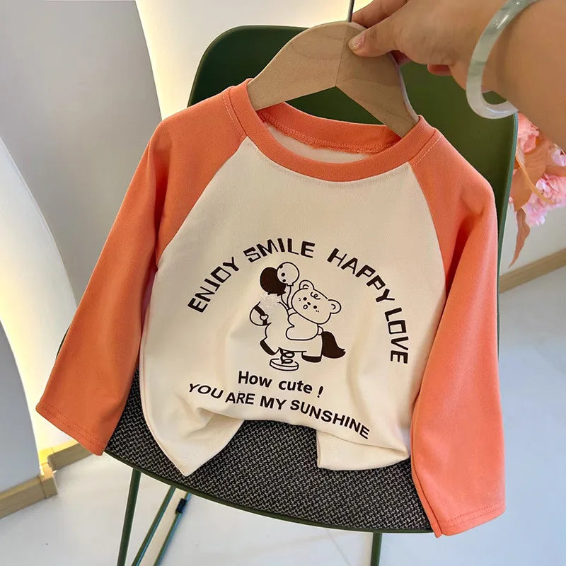 Camiseta de Manga Longa Infantil para Meninas e Meninos, Modelo Básico, com Estampa de Letras, Estilo Coreano, Roupas para Crianças