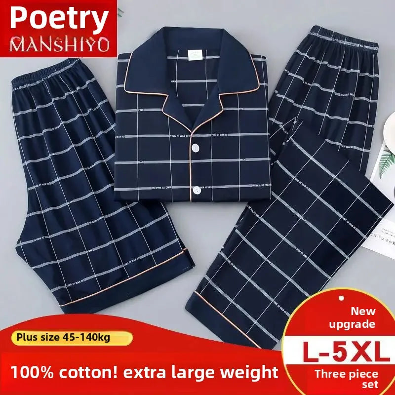 Pijama Masculino Três Peças, Camiseta de Manga Curta e Calça Longa em Algodão, Roupas de Casa, Tamanhos Grandes, Extra Grande, Conjunto com Cardigan que Pode Ser Usado Externamente