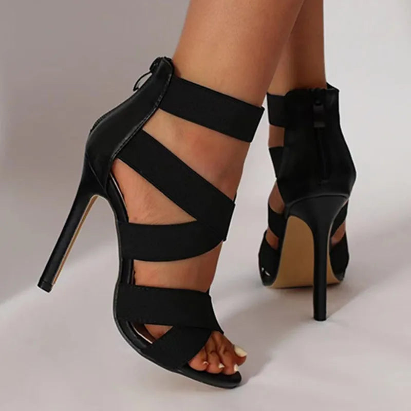 Sandálias Gladiadoras Femininas Sexy, Bico Aberto, Salto Super Alto, Pumps, Tiras Largas, Zíper Traseiro, Para Festa e Casamento, Cor Preta