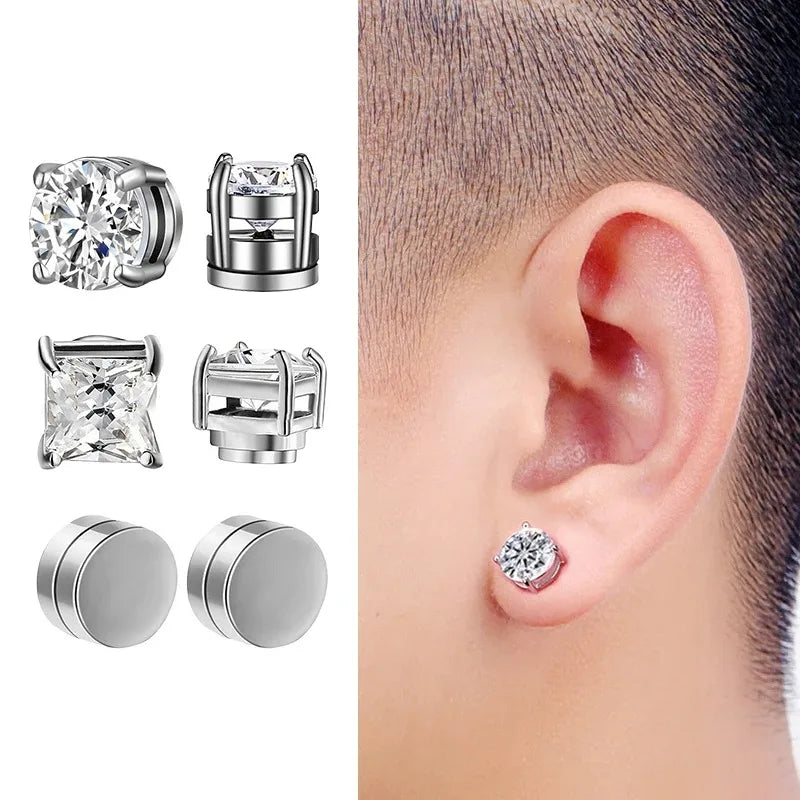 Conjunto com 6 Brincos de Clipe Magnéticos Fortes para Homens e Mulheres, Estilo Punk, Redondos com Zircônia, Sem Furo