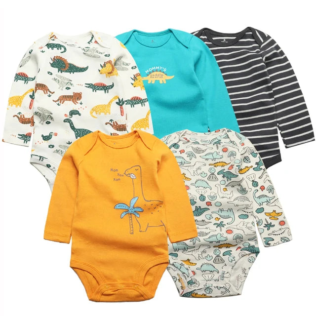 Conjunto com 5 Bodies de Bebê Menino, Roupas para Recém-Nascido, Também para Bebê Menina, 100% Algodão, Macios, com Estampas Novas de Desenhos Animados, Macacões Infantis