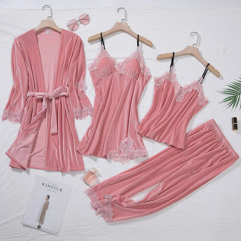 Conjunto de Pijama Feminino TOP Casual em Veludo, 4 Peças, Roupas de Casa, Lingerie Íntima, Manga Longa com Renda, Homewear Confortável