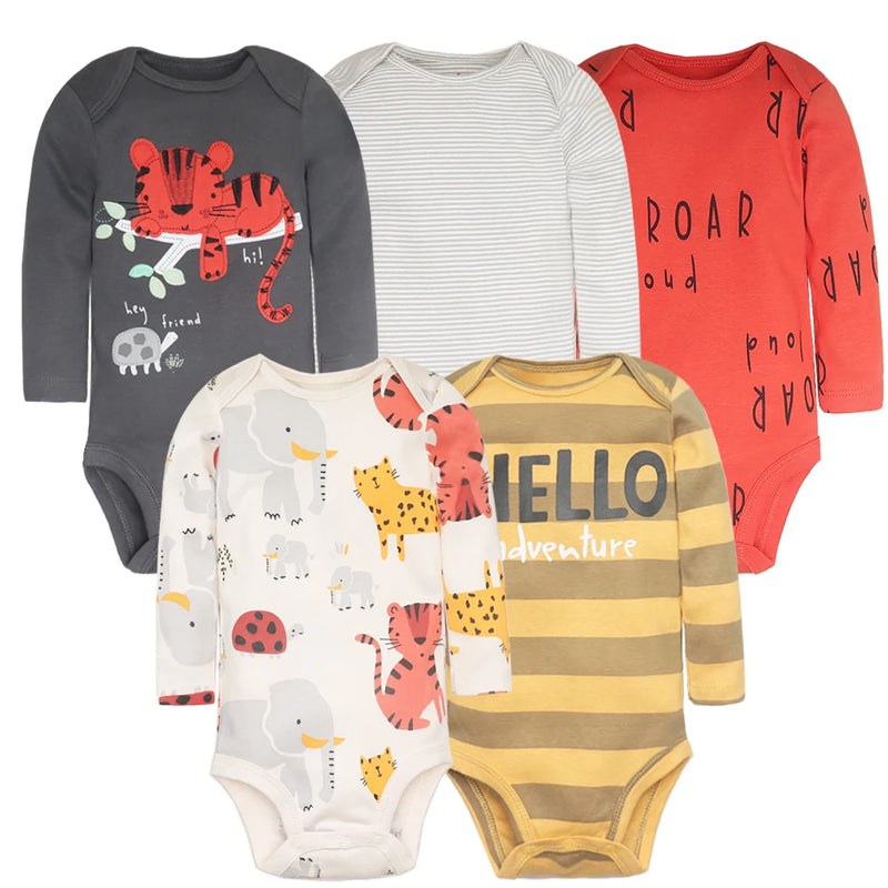 Conjunto com 5 Bodies de Bebê Menino, Roupas para Recém-Nascido, Também para Bebê Menina, 100% Algodão, Macios, com Estampas Novas de Desenhos Animados, Macacões Infantis