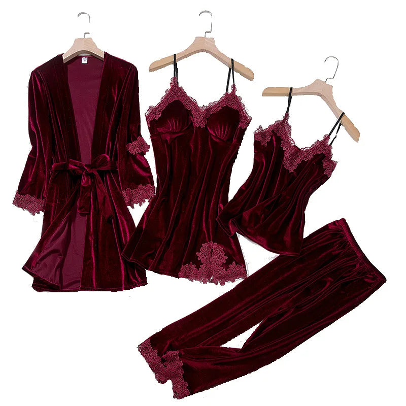 Conjunto de Pijama Feminino TOP Casual em Veludo, 4 Peças, Roupas de Casa, Lingerie Íntima, Manga Longa com Renda, Homewear Confortável