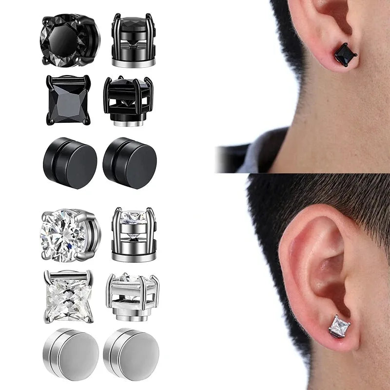 Conjunto com 6 Brincos de Clipe Magnéticos Fortes para Homens e Mulheres, Estilo Punk, Redondos com Zircônia, Sem Furo