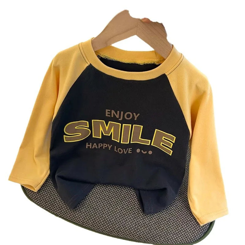 Camiseta de Manga Longa Infantil para Meninas e Meninos, Modelo Básico, com Estampa de Letras, Estilo Coreano, Roupas para Crianças