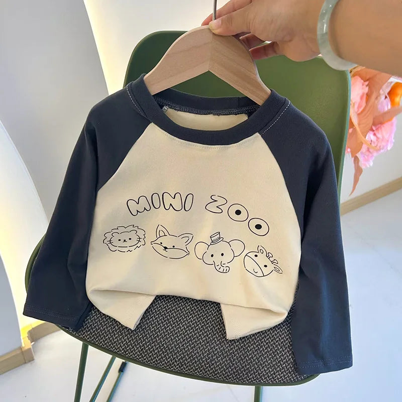 Camiseta de Manga Longa Infantil para Meninas e Meninos, Modelo Básico, com Estampa de Letras, Estilo Coreano, Roupas para Crianças