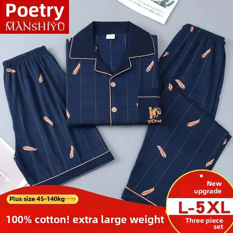 Pijama Masculino Três Peças, Camiseta de Manga Curta e Calça Longa em Algodão, Roupas de Casa, Tamanhos Grandes, Extra Grande, Conjunto com Cardigan que Pode Ser Usado Externamente
