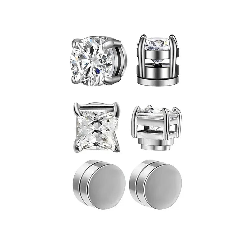 Conjunto com 6 Brincos de Clipe Magnéticos Fortes para Homens e Mulheres, Estilo Punk, Redondos com Zircônia, Sem Furo