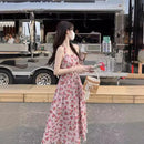 Vestido Feminino de Verão com Estampa Floral, Sem Mangas, Decote Halter, Estilo Casual de Rua, Saia Longa, Cintura Regular, Origem Chinesa