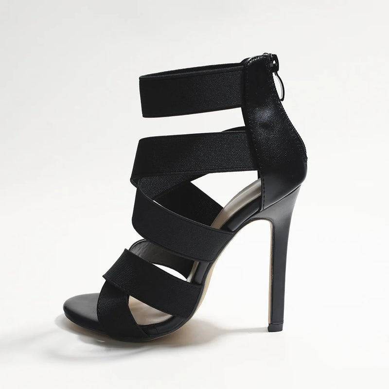 Sandálias Gladiadoras Femininas Sexy, Bico Aberto, Salto Super Alto, Pumps, Tiras Largas, Zíper Traseiro, Para Festa e Casamento, Cor Preta
