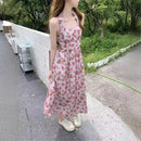 Vestido Feminino de Verão com Estampa Floral, Sem Mangas, Decote Halter, Estilo Casual de Rua, Saia Longa, Cintura Regular, Origem Chinesa