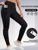 Leggings esportivas super macias com bolsos, femininas, cintura alta, ideais para treino, yoga, corrida, academia e fitness.