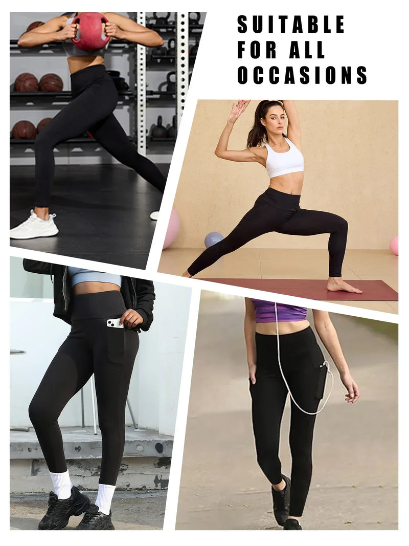 Leggings esportivas super macias com bolsos, femininas, cintura alta, ideais para treino, yoga, corrida, academia e fitness.