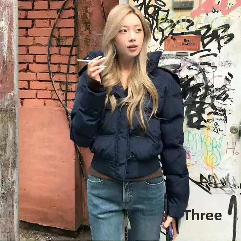 Jaqueta Feminina Curta e Larga de Algodão, com Gorro Removível e Gola de Pele, Quente para o Inverno, Estilo Grosso, Fashion e Modelador