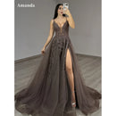 Vestido de Festa Amanda Personalizado, Modelo A-Line, Decote em V Profundo, Aplicações de Paetês, Sem Mangas, Fenda Lateral Alta, Para Eventos Formais e Noite