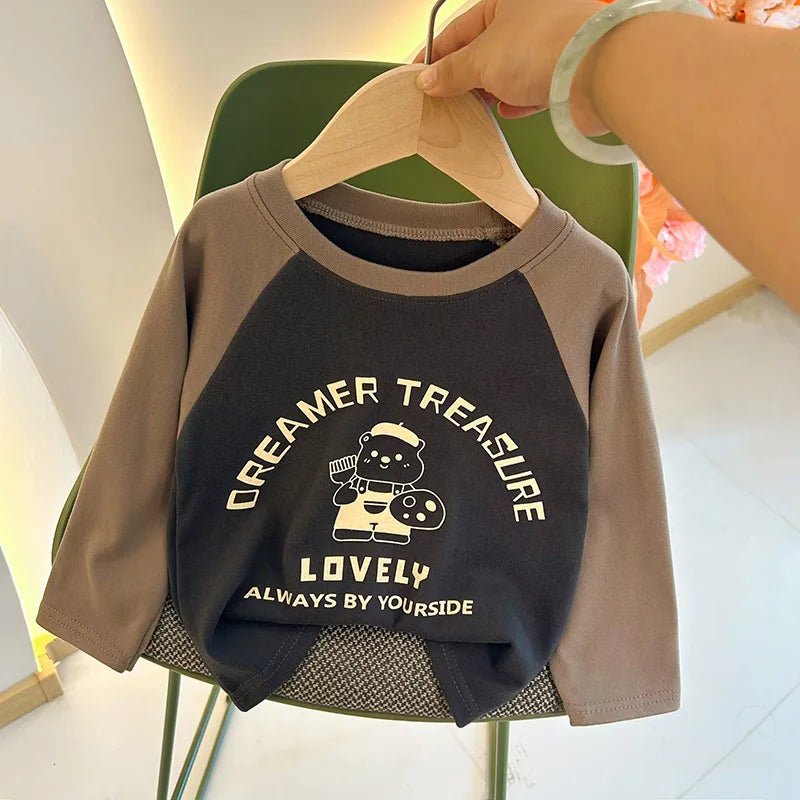 Camiseta de Manga Longa Infantil para Meninas e Meninos, Modelo Básico, com Estampa de Letras, Estilo Coreano, Roupas para Crianças