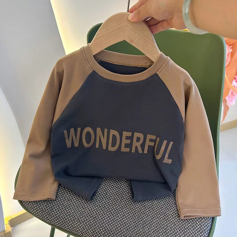Camiseta de Manga Longa Infantil para Meninas e Meninos, Modelo Básico, com Estampa de Letras, Estilo Coreano, Roupas para Crianças
