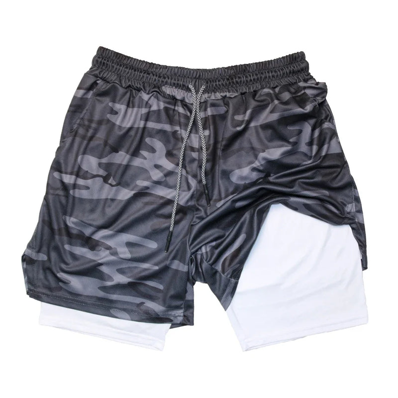 Bermuda Masculina de Fitness de Dupla Camada, 2 em 1, para Academia e Treino, Esportiva, Secagem Rápida, Ideal para Corrida e Exercícios, Modelo Duplo para Verão