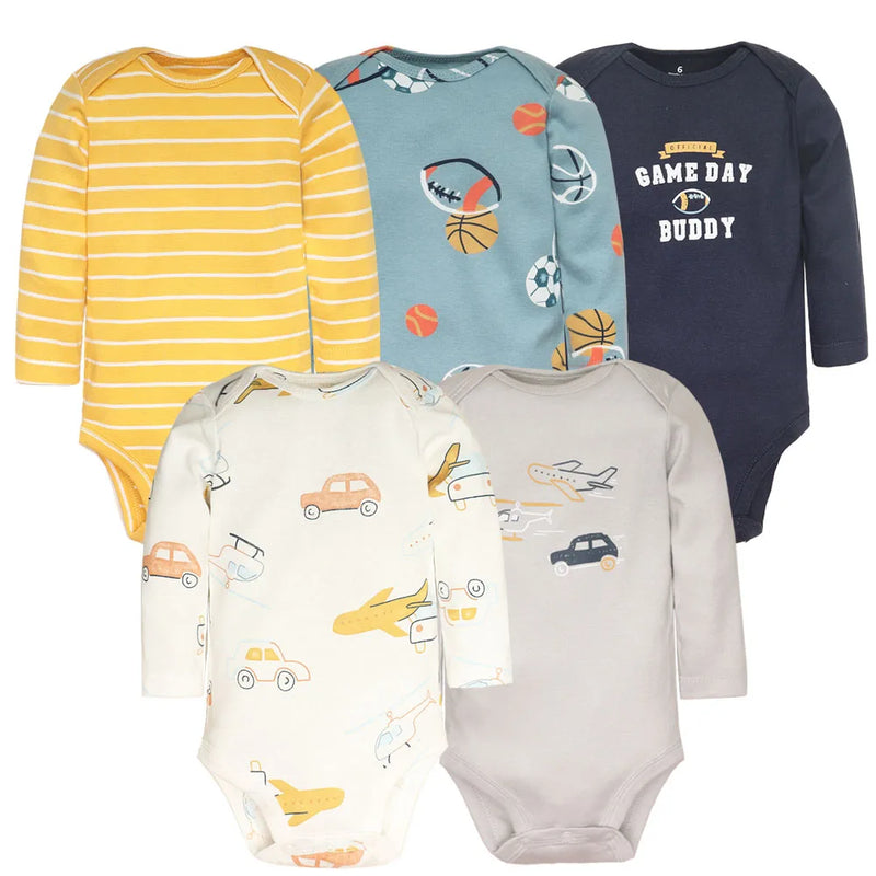 Conjunto com 5 Bodies de Bebê Menino, Roupas para Recém-Nascido, Também para Bebê Menina, 100% Algodão, Macios, com Estampas Novas de Desenhos Animados, Macacões Infantis
